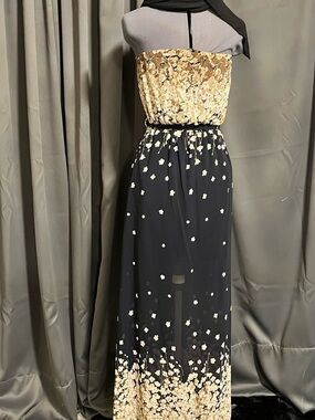 Umgee Black Maxi Dress with Gold Floral Bodice and Accents